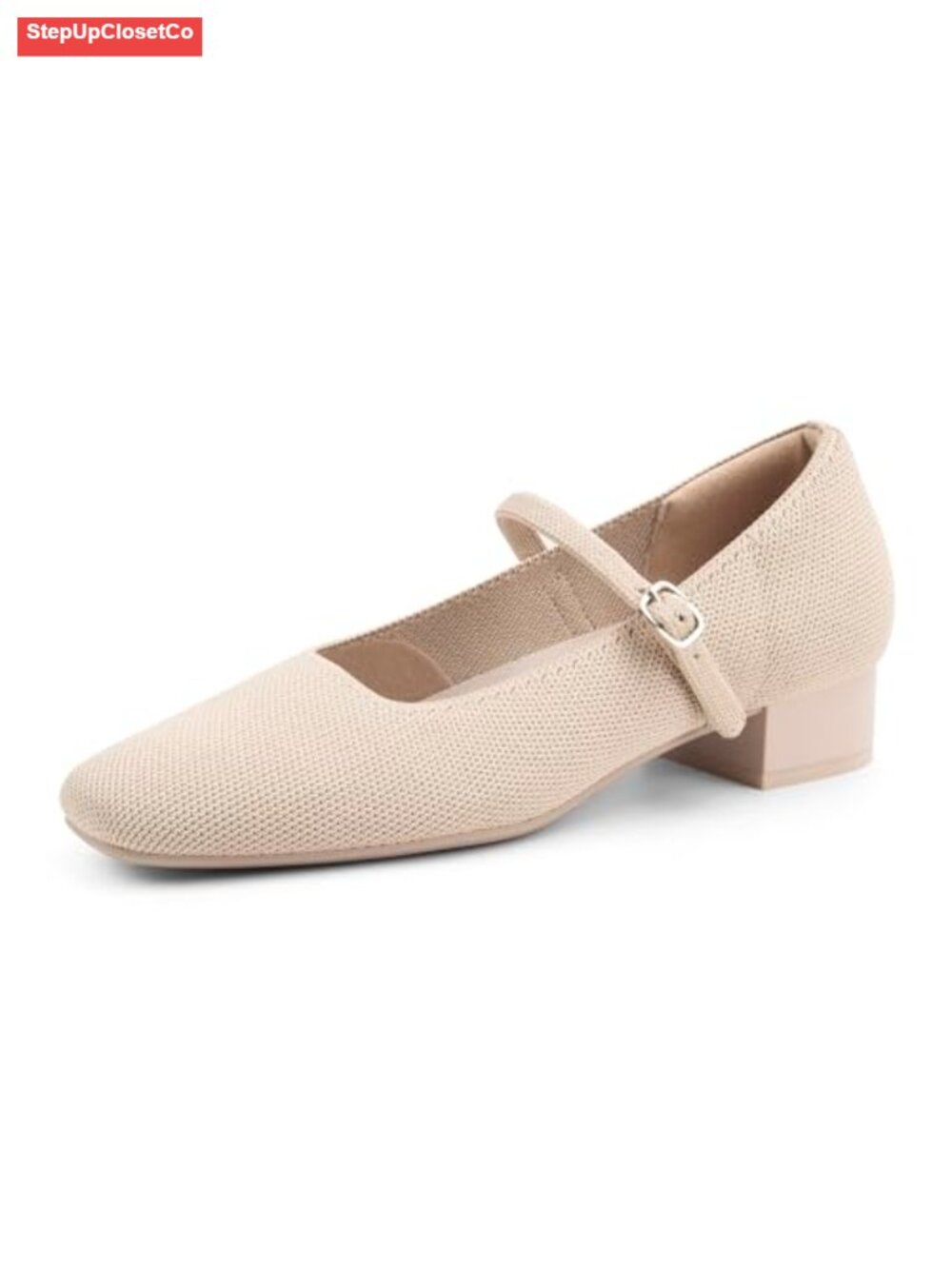 Mary Jane Pumps Chunky Heel Ankle Strap Square Toe Knit Stretchy Dress Shoes